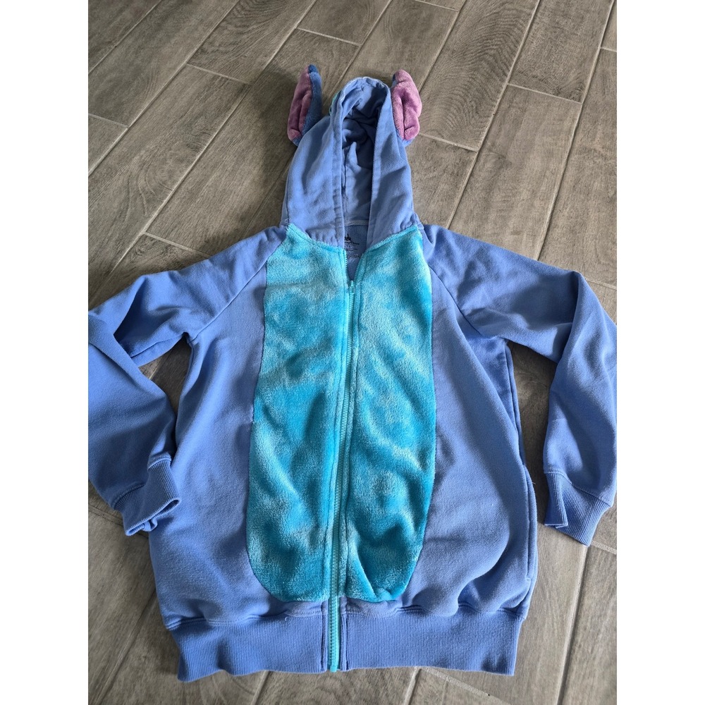 Disney Parks Stitch Lilo & Stitch Blue Zip Up Hoodie 3D Ears Faux Fur Small